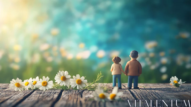 Two Figures Stand Among Daisies in Dreamlike Field.