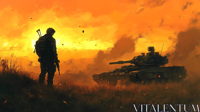Lone soldier facing battle tank under intense orange sky.
