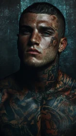 Tattooed man stares defiantly through moody cinematic light