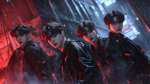 Four youths in black coats standing in neon lit rainy alley.