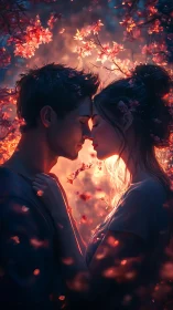 Luminescent Romance: Silhouetted Couple Embraced in Incandescent Floral Glow.