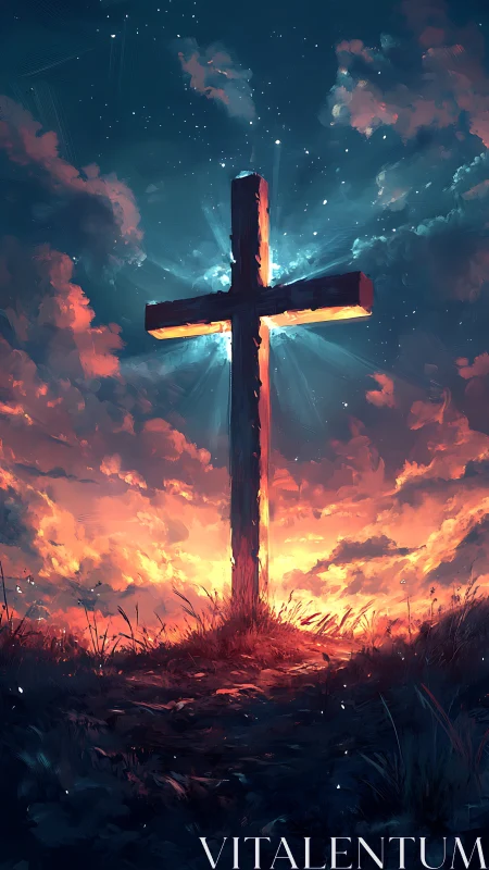 Lone wooden cross glows against fiery twilight sky