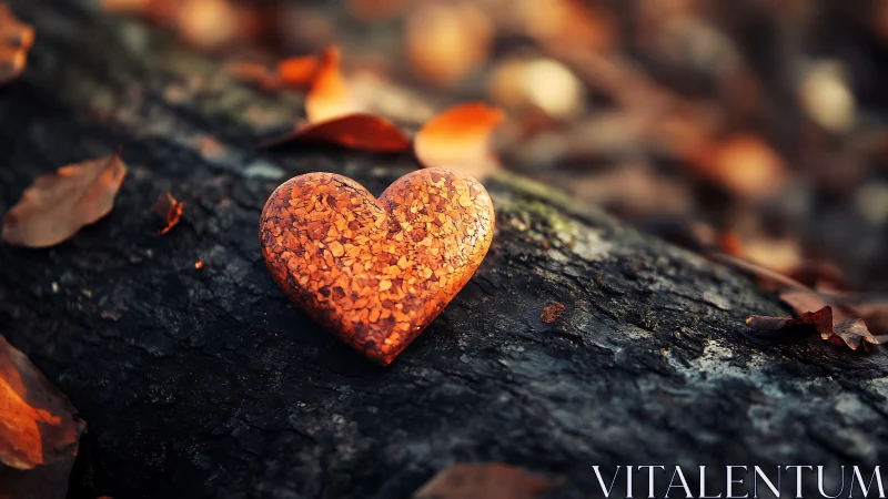 Glowing Heart Shape Rests on Weathered Black Log