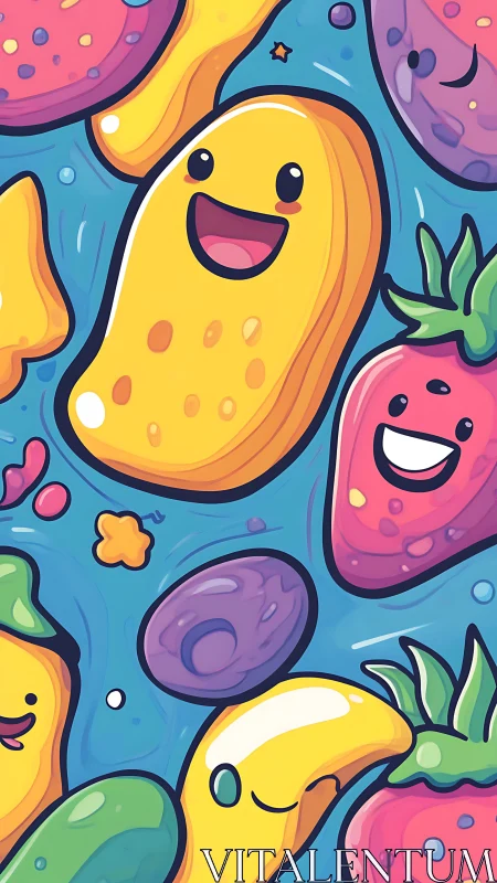 Cartoon fruit pattern with stylized smiling characters.
