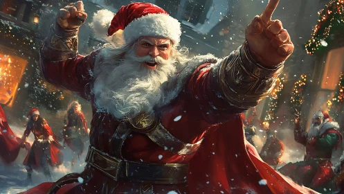 Warrior Santa leads dynamic snowy Christmas street charge.