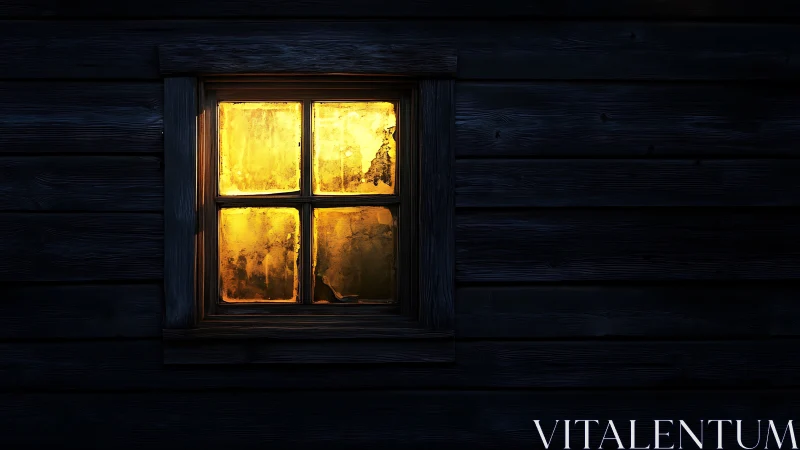 Illuminated cabin window glows against dark wooden wall