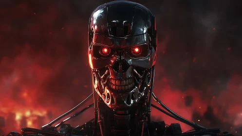 Chrome skull combat android glows over burning battlefield.