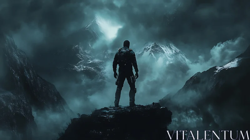 Solitary armored explorer surveys storm-laden glacial mountain basin