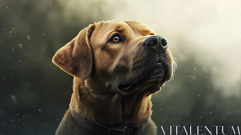 Golden dog gazes upward in soft glowing forest light