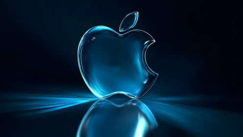 Glass Apple Logo in Futuristic Blue Light Digital Art Style.