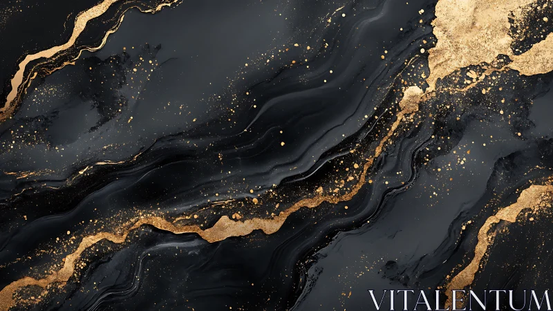 Black flowing marble with metallic gold splatter accents.