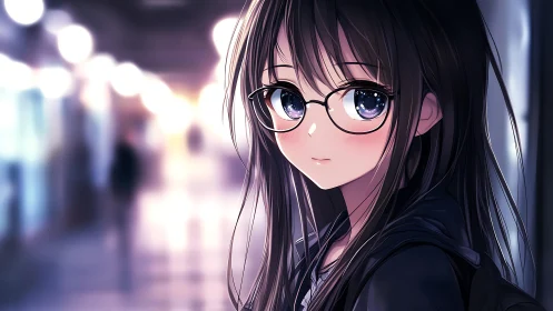 Shy anime girl with glasses in soft blurred city lights.