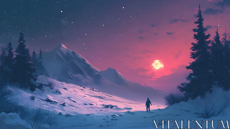 Solitary figure in magenta twilight over alpine snowfield.