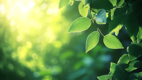 Green tree leaves with bright sunlight and blurred foliage.