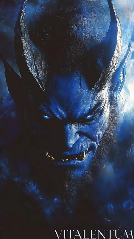 Midnight horned warlord smiles through stormlit shadow