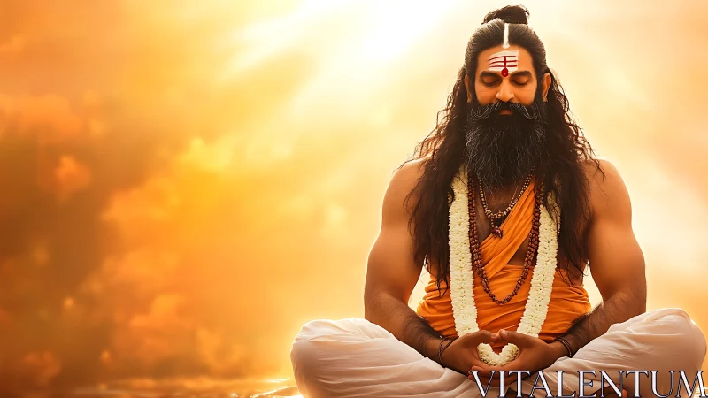 Bearded Hindu sage meditating in warm golden light.