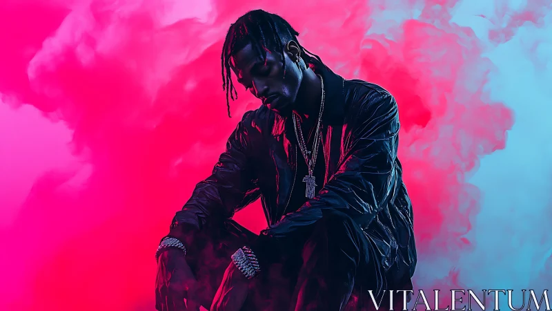 Moody portrait of man in smoke with neon pink and blue.