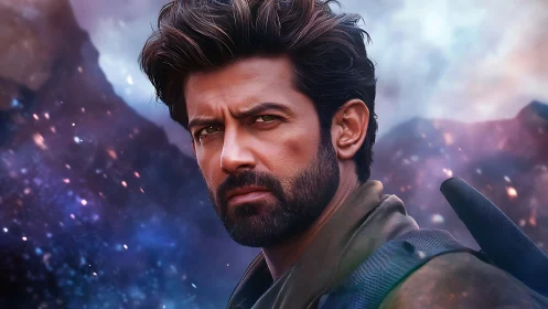 Stargazing wanderer framed by cosmic stormy light.