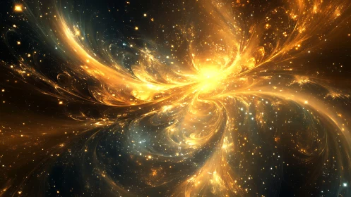 Stellar firebird curls through nebulae in molten golden arcs