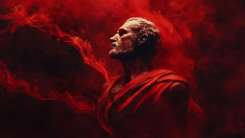 Profile of robed male figure in dense swirling red smoke.