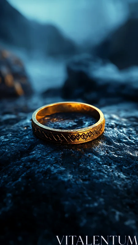 Engraved golden ring on wet basalt under cinematic bokeh light.