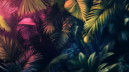 Colorful tropical foliage under dramatic neon lighting.