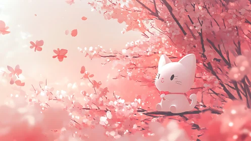 Blossom-bright kitten listens to the quiet pink morning