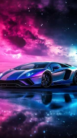Neon supercar glides beneath a vibrant cosmic sky.