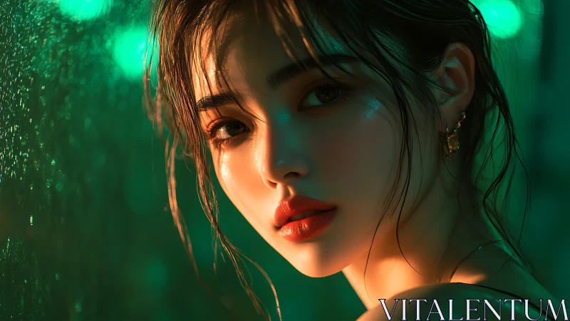 Neon rainlit muse in emerald glow and molten shadowed light.