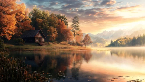 Golden lakeside cabin glowing beneath a gentle autumn sky.