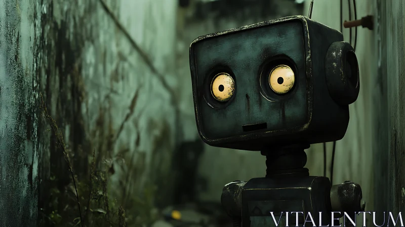 Lonely square-headed robot stares wide-eyed in a damp alley