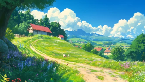 Rural hillside path with village, fields and distant mountains.