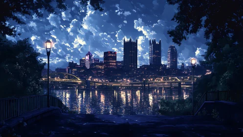 Nocturnal riverside skyline rendered in luminous anime detail