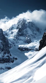 Snow-covered alpine peak under clouds in bright daylight.