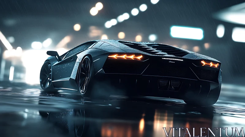 Low-angle hypercar rear in rainy neon-lit urban underpass