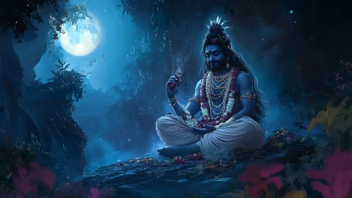 Moonlit blue sage in trance amid whispering jungle glow.