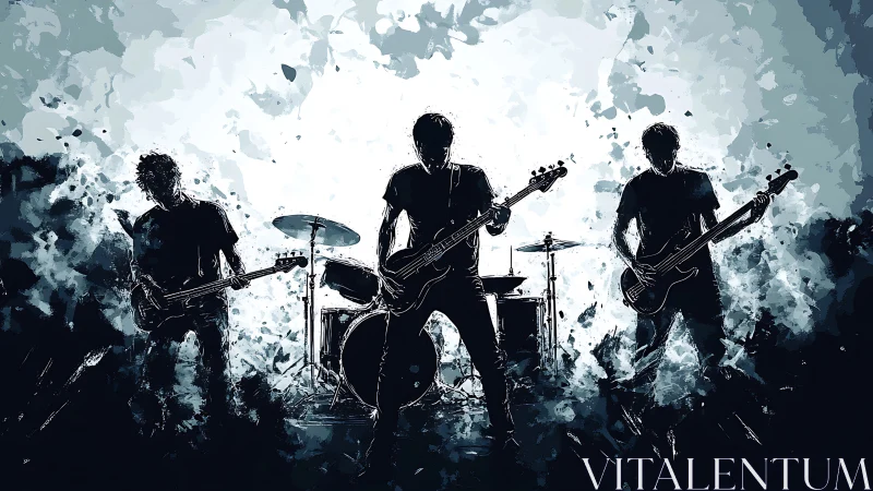 High-contrast digital painting of rock trio in explosive stage haze.