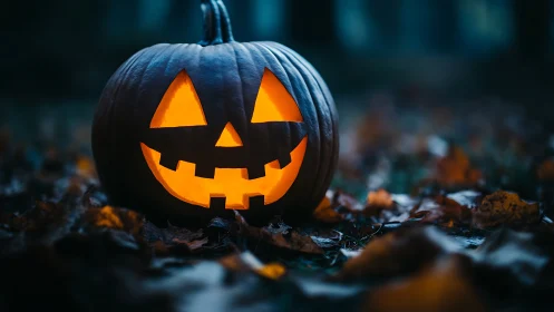 Glowing jack o lantern amid fallen autumn leaves at dusk.