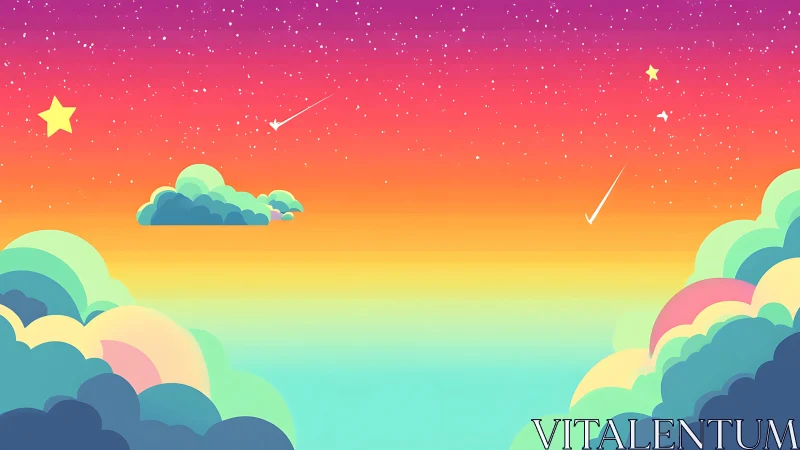 Dreamy rainbow sky with soft clouds and twinkling stars.