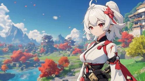 White-haired anime warrior in ornate valley landscape portrait.