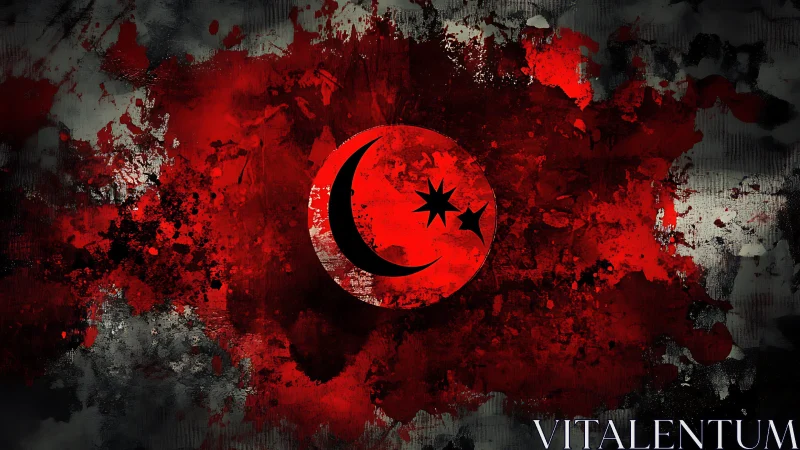 Digital painting of abstract crescent emblem on splattered field.