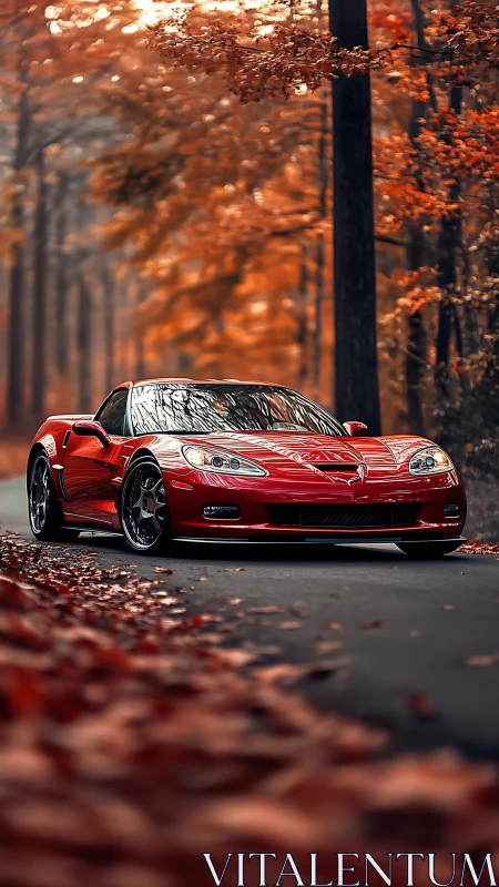 Crimson supercar hums softly through a tunnel of burning leaves
