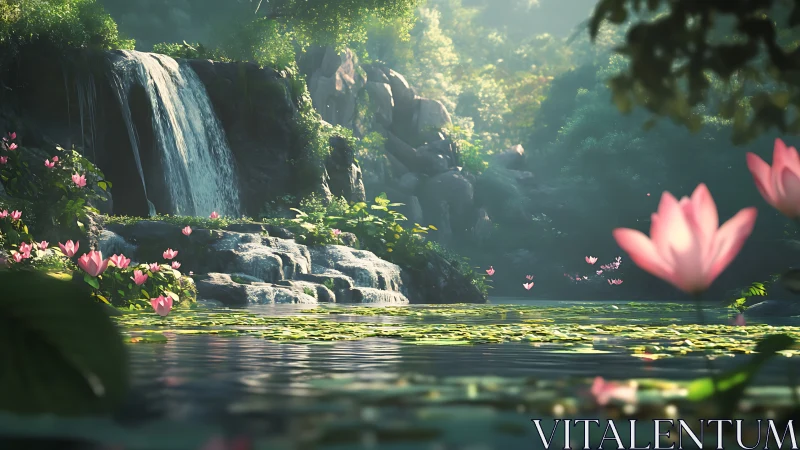 Serene lily pond beneath misty tiered jungle waterfall.