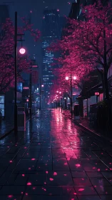 Neon cherry blossoms glowing softly along a rainy city street.