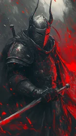 Dark armored knight advances through swirling red embers