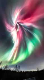 Multicolored aurora spirals dynamically above winter forest