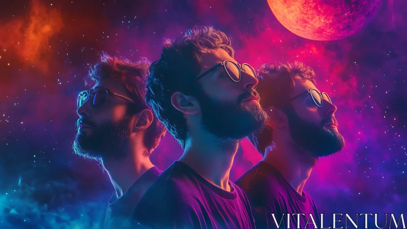 Triple cosmic portraits under neon planet glow in space.