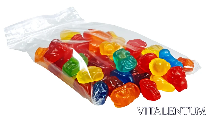 Assorted gummy candies in clear plastic resealable packaging displayed against neutral background