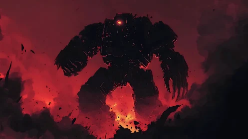 Colossal mech silhouette strides through incendiary battlefield