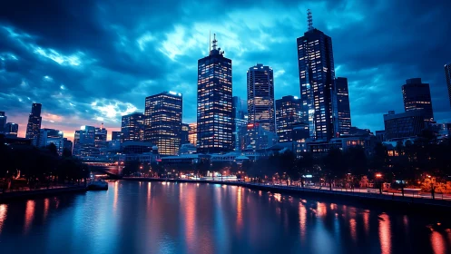 Cyberpunk riverfront skyline with neon teal-orange contrast.